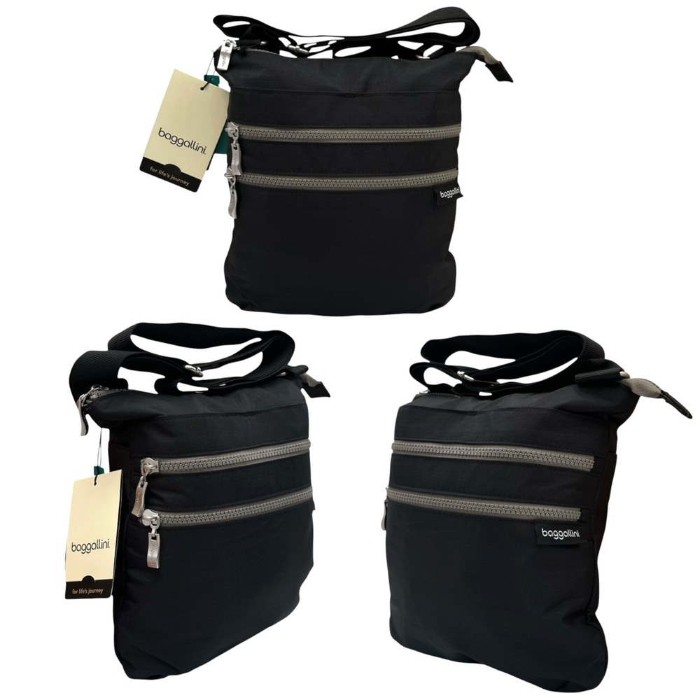Baggallini Women's Comrade 3-Zip Medium Size Crossbody Bag Black Gray  11x10x4"